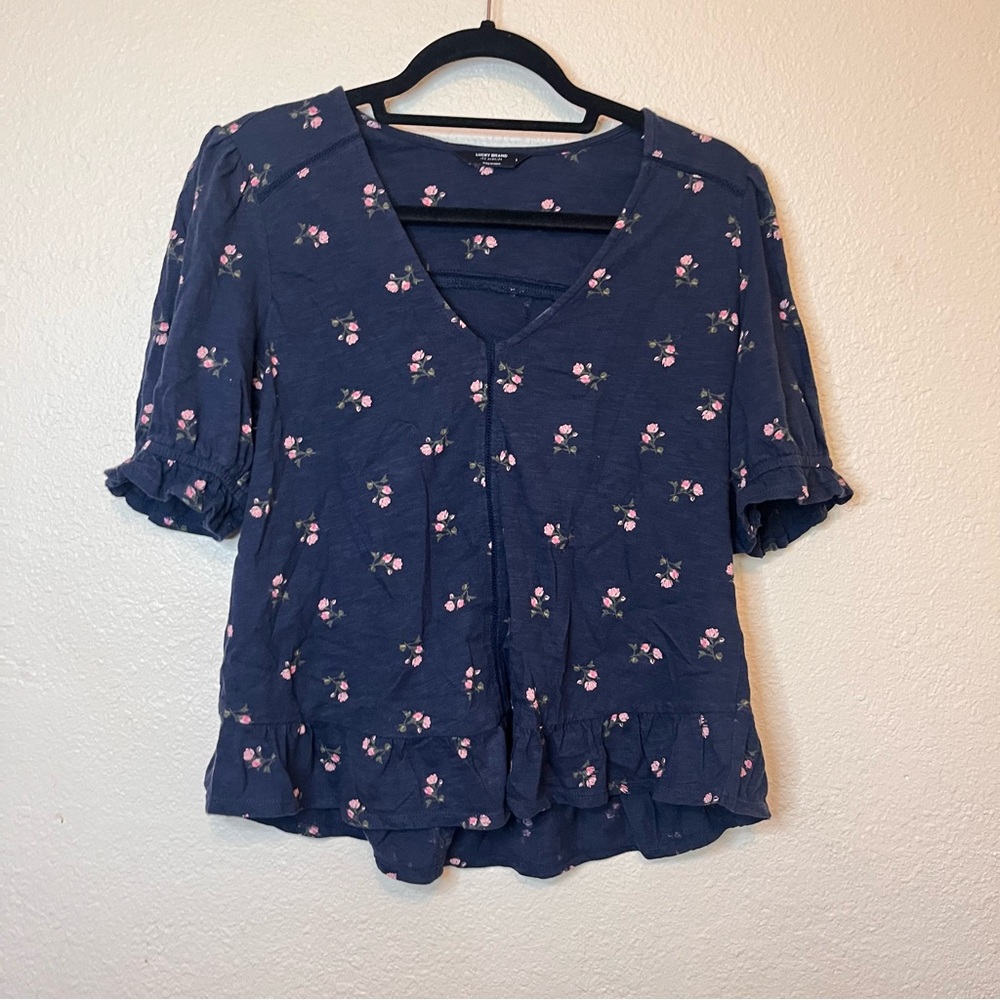Lucky Brand 100% Cotton Floral Blue Women's Peasant Blouse Puff Sleeve V-neck